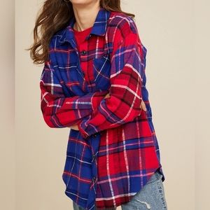 Simons Icone Plaid Boyfriend Long Sleeve Button Up Shirt Blue Red sz M